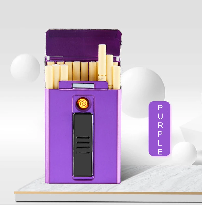 Металлический чехол для сигарет с USB зажигалкой, перезаряжаемая электрическая зажигалка для тонкого держателя для сигар, 20 шт, гаджеты для мужчин