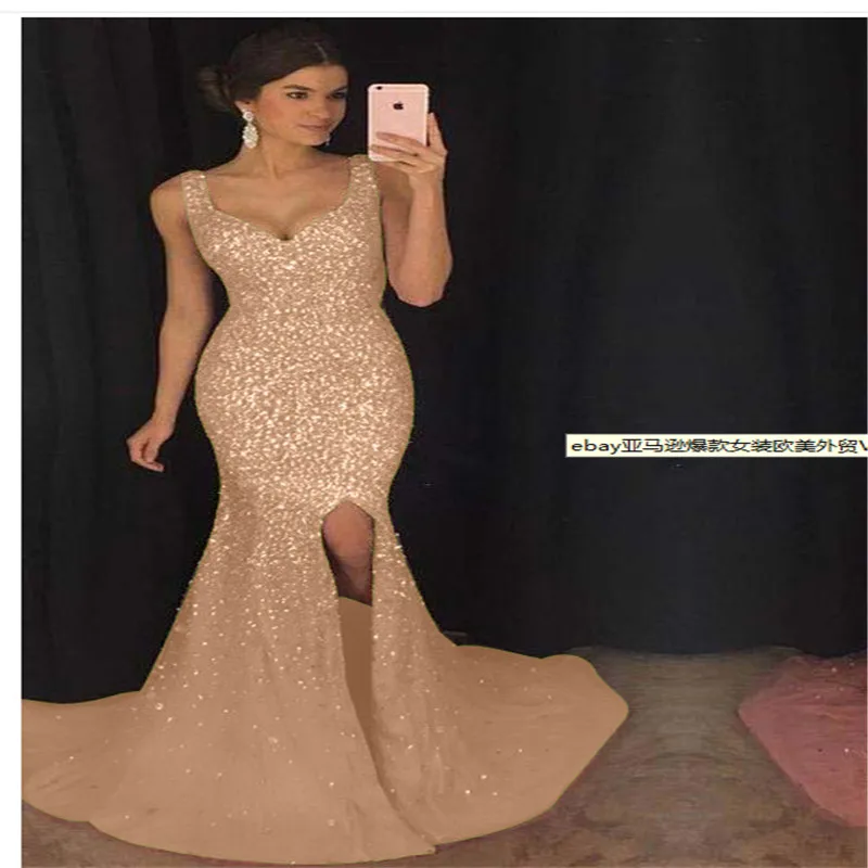 Summer Dress Women Sequin Prom Party Sexy Gold Evening Party High Waist V Neck Long Bodycon Split Dress For Female - Цвет: Gold