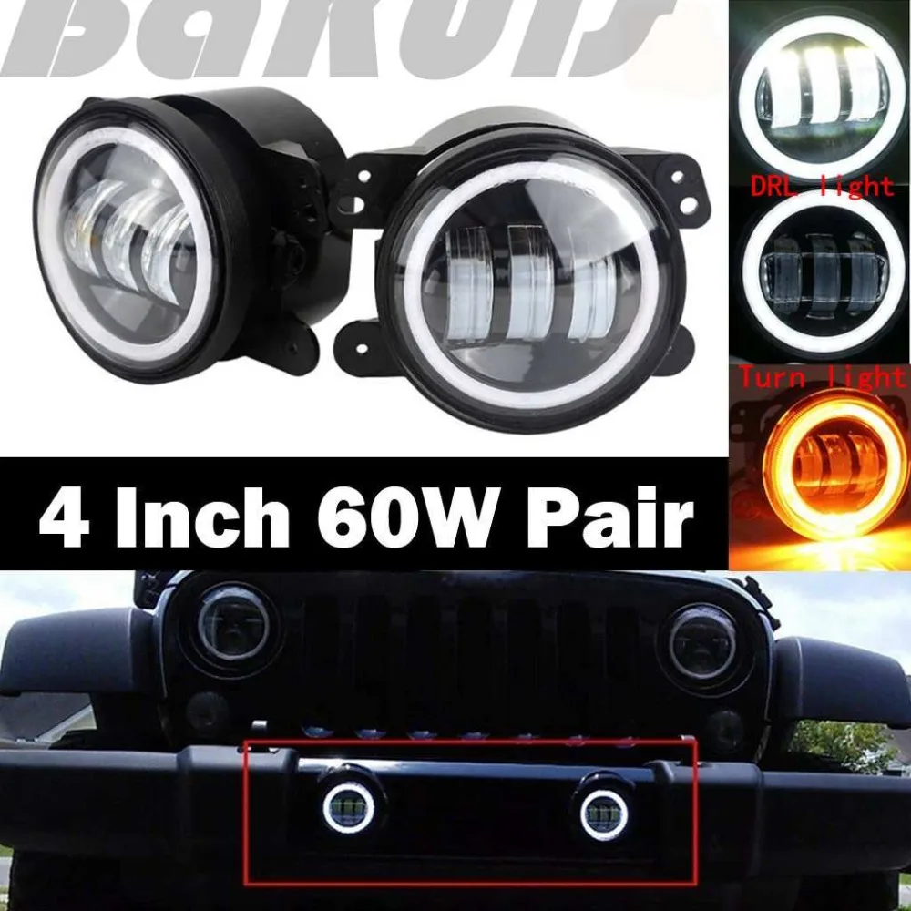 

4 Inch Round Led Fog Light White Halo Ring Angel Eyes & White Lamp DRL Bulb Angle Eyes For Jeep Wrangler JK TJ LJ Grand Cherokee