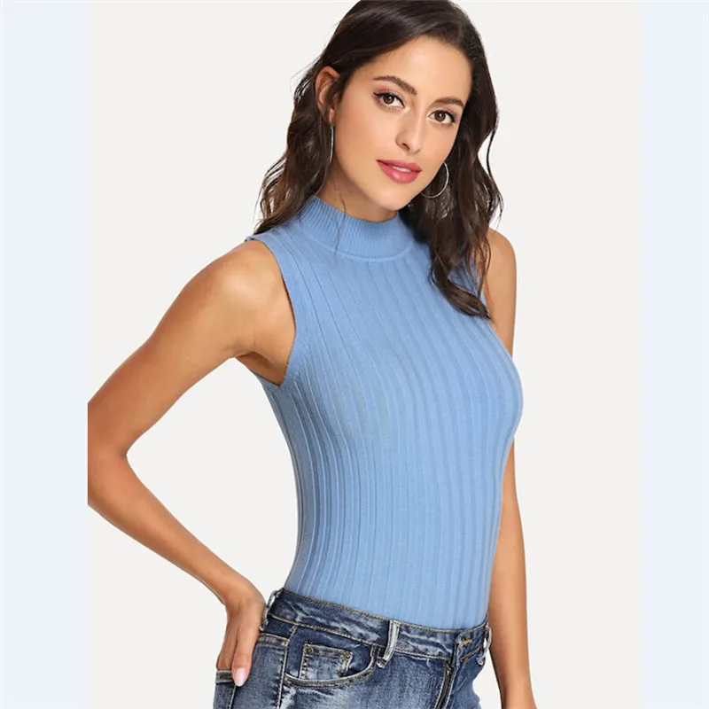 Модная женская летняя жилетка топики без рукавов рубашки блузка безрукавки сексуальный свитер - Цвет: Lake blue
