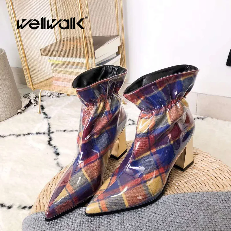

Chunky Heel Ankle Boots Women Plaid Autumn Winter Boots Ladies Pointed Toe Fenty Beauty PVC Waterproof Chelsea Boots Western