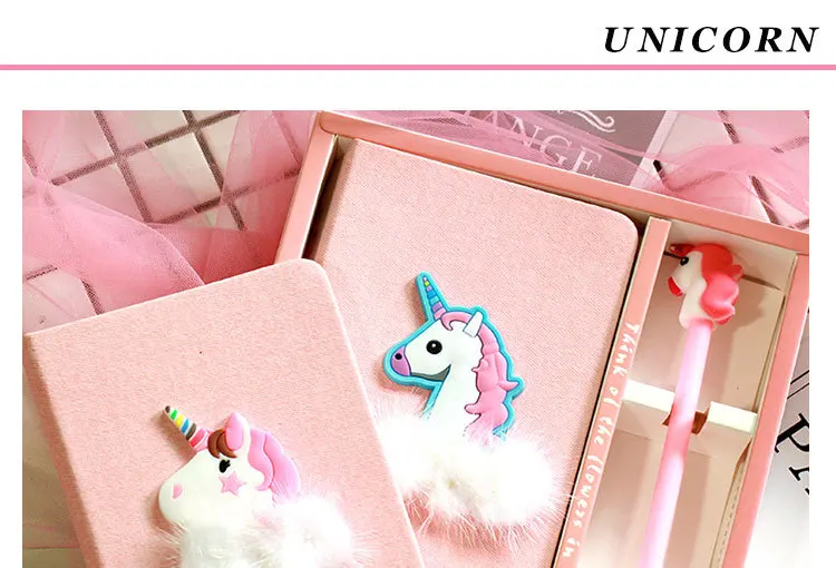 INS Cute Diary Set Wind Pink Unicorn Flamingo Creative Notebook Sub Notepad Pen Set Korea Stationery Kawaii Diary School Girl