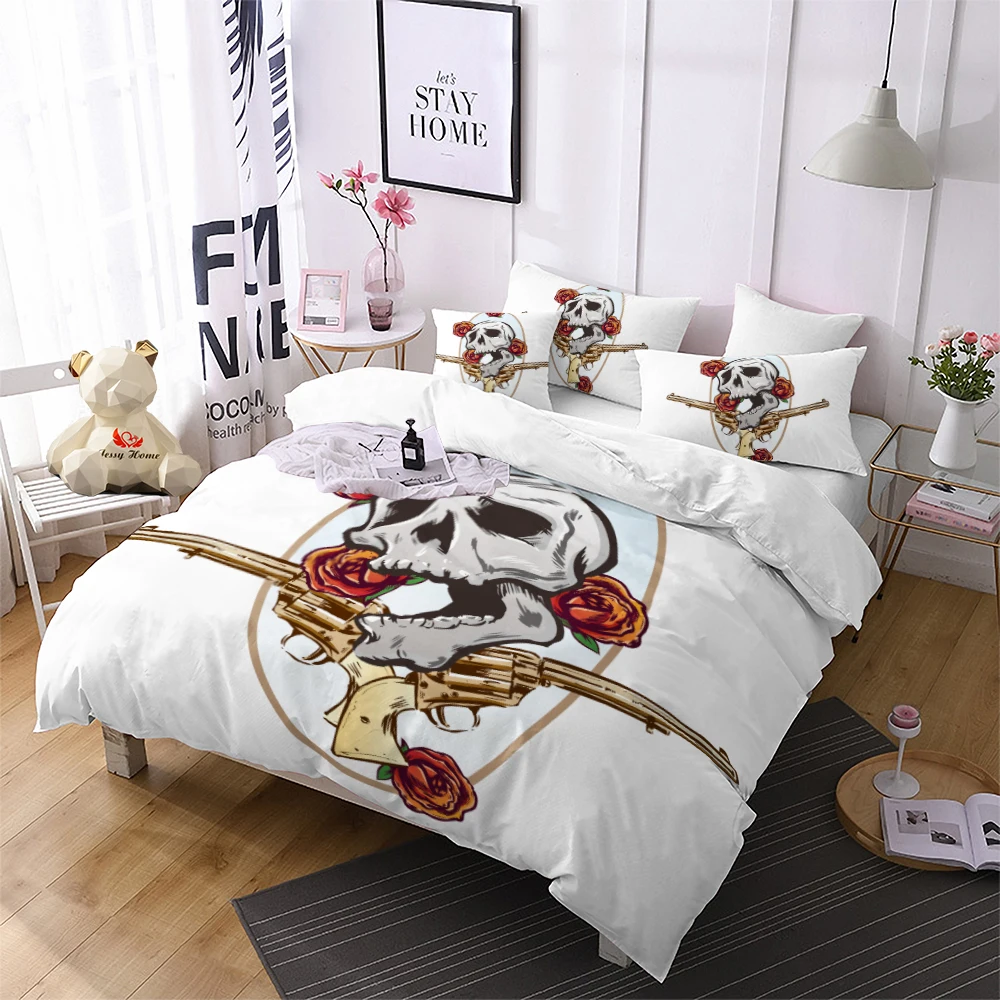 Gun and Skull Bedding Set Queen/King Size Rose Printed Bed Sets 3pcs Black Home Textiles US/AU