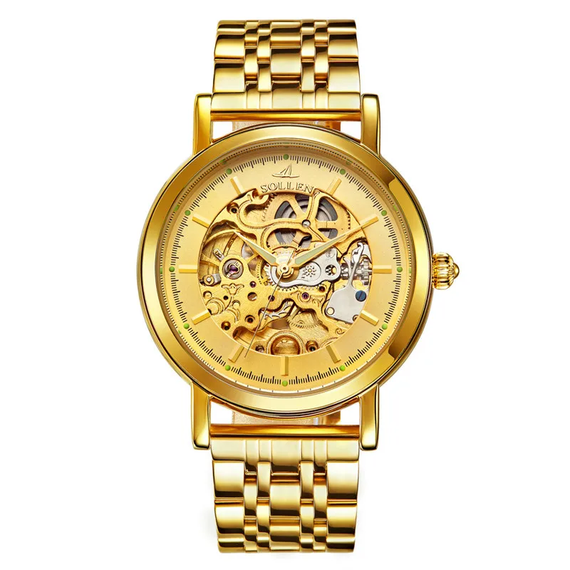 Мужские часы SOLLEN 501 автоматические механические двухсторонние полые водонепроницаемые роскошные золотые стальные мужские деловые наручные часы 601