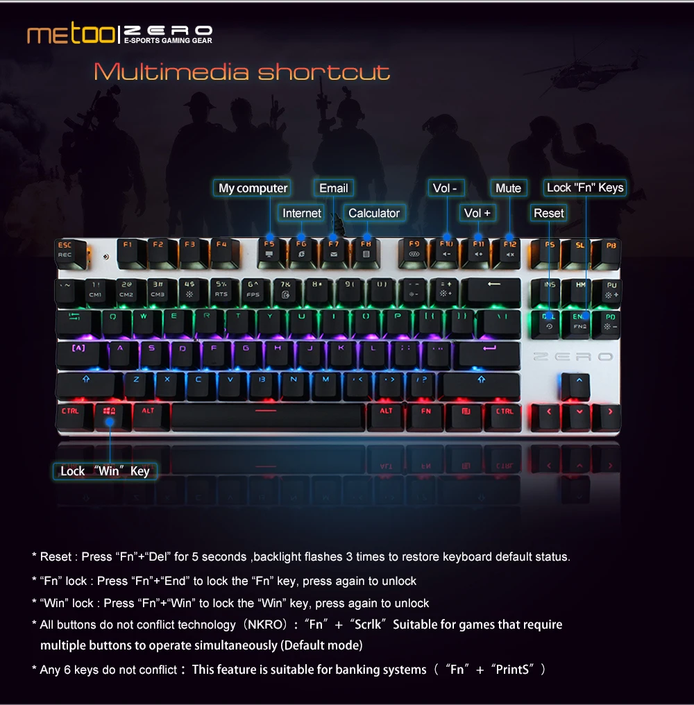 Metoo Edition Mechanical Keyboard 87 keys 104keys Blue Switch Red Switch Gaming Keyboards for Tablet Desktop Russian sticker