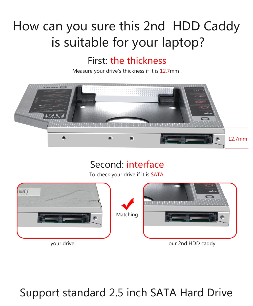 Sunvalley 12,7 мм алюминий металла материал 2nd HDD Caddy SATA 2,5 "SSD чехол для ноутбука ODD DVD/CD-ROM Optibay