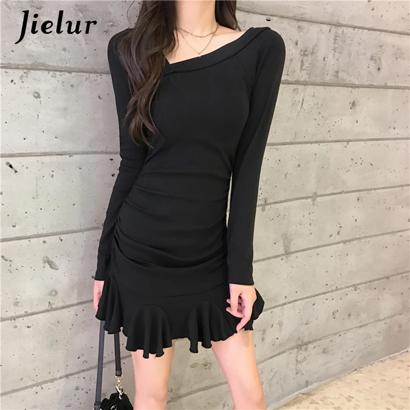 

Jielur Elegant Casual Dress Women Wine Red Black Ruffles Skinny Mini Dress Personality Hipster Fashion Dress Vestidos De Fiesta