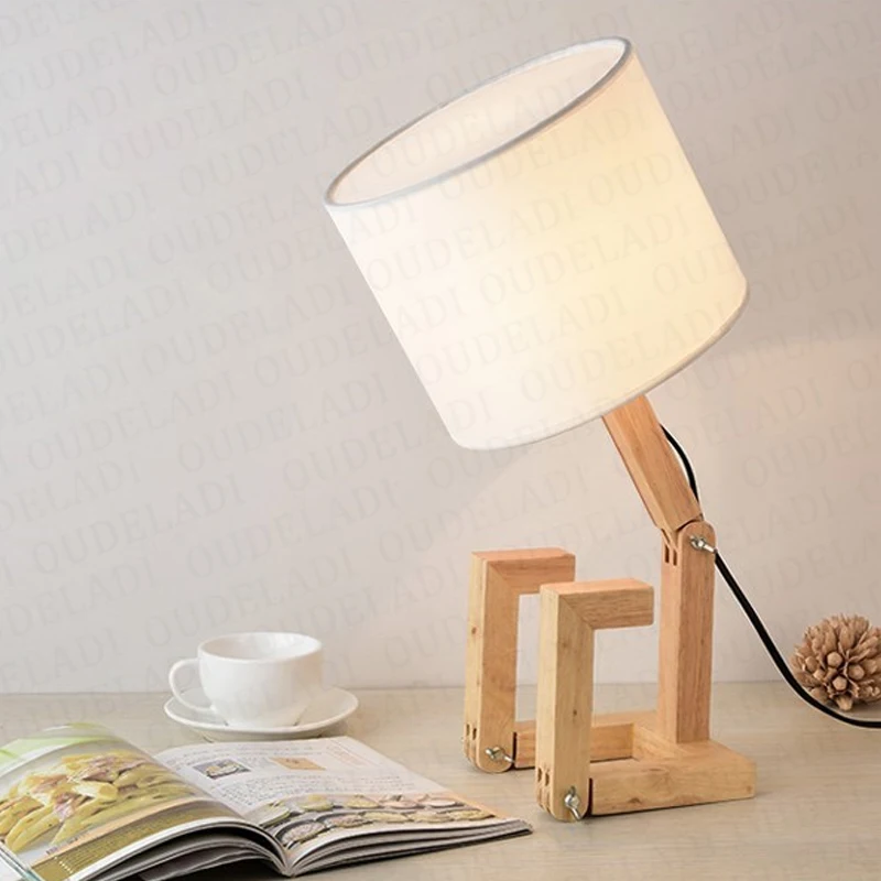  Robot Shape Wooden Table Lamp E14 Lamp Holder 110-240V Modern Cloth Art Wood Desk Table Lamp Parlor