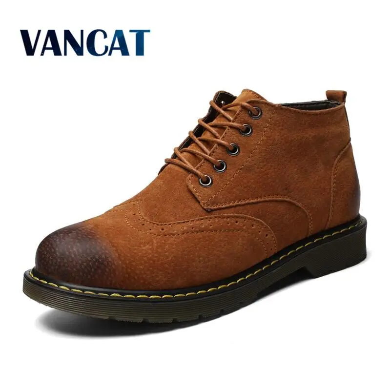 

Vancat Genuine Leather Men Boots Autumn Winter Ankle Boots Fashion Footwear Lace Up Fur Snow boots Men High Quality Men Shoes