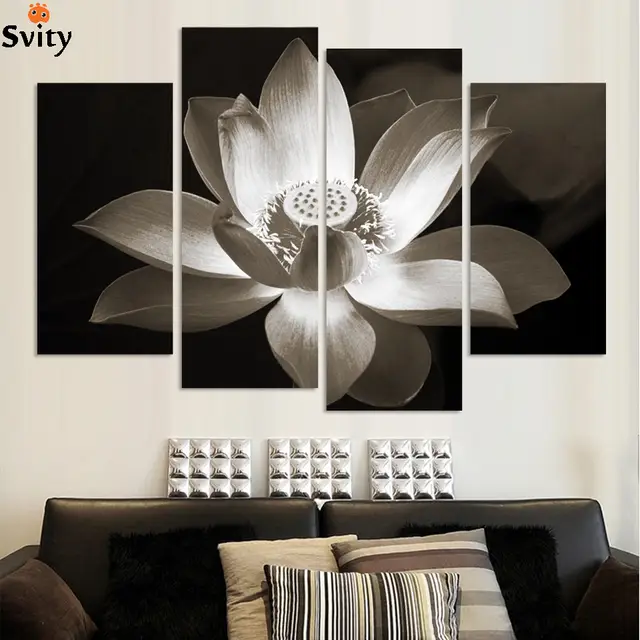 4 Panneaux Noir Et Blanc Simple Fleur De Lotus Moderne Mur Art Décoration De La Maison Imprimé Fleur Peinture Impressions Sur Toile No Frame