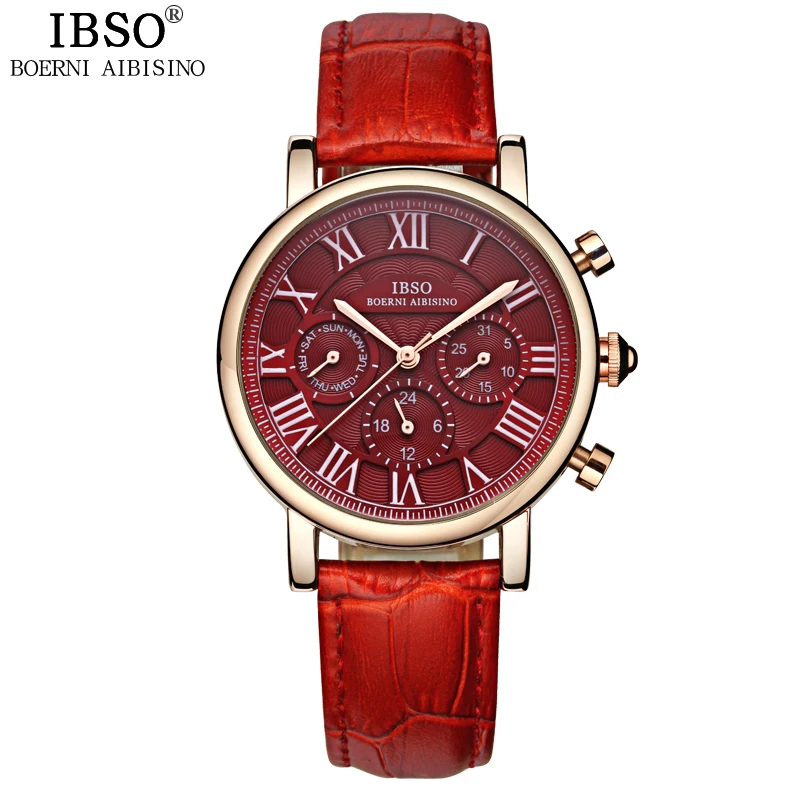 

IBSO Week Display Watches For Women Complete Calendar Multifunction Female Watch Genuine Leather Strap Dial Reloj Mujer 2019