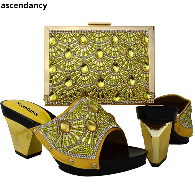 

Yellow Color Matching Italian Shoe and Bag Set Decorated with Rhinestone Nigerian Party Shoes and Bag Set High Quality Shoes Bag
