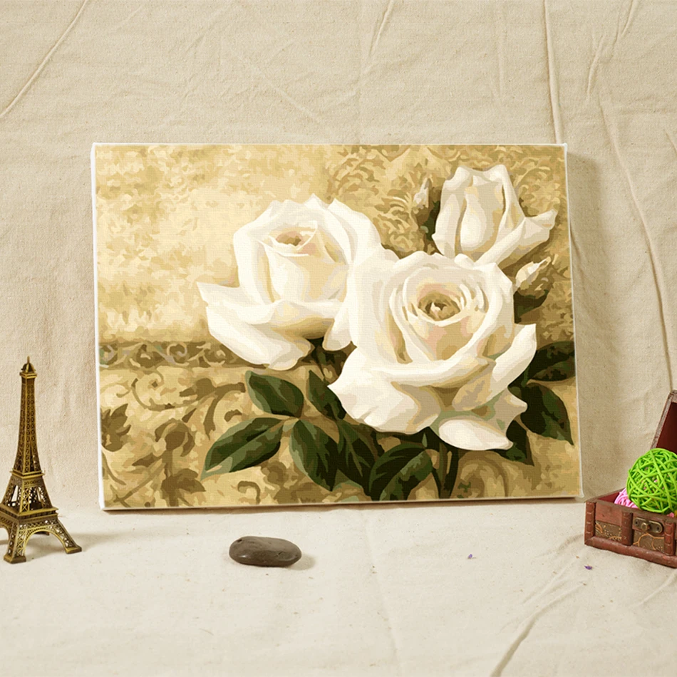Enmarcado Pintura Al Oleo De Diy Flores Blancas Para Colorear Por
