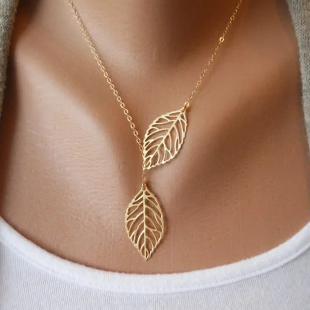 

New Fashion Multi Layer Necklace Women Double Leaf Silver Necklace Girls Fashion Colar Choker Necklace Chain Accessories