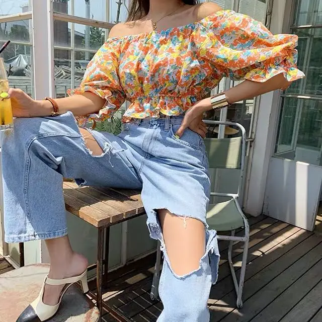 Summer Short Square Collar Floral Women Shirts Contraction Waist Elegant Temperament Blouses Female Clothes 2019 New Tops