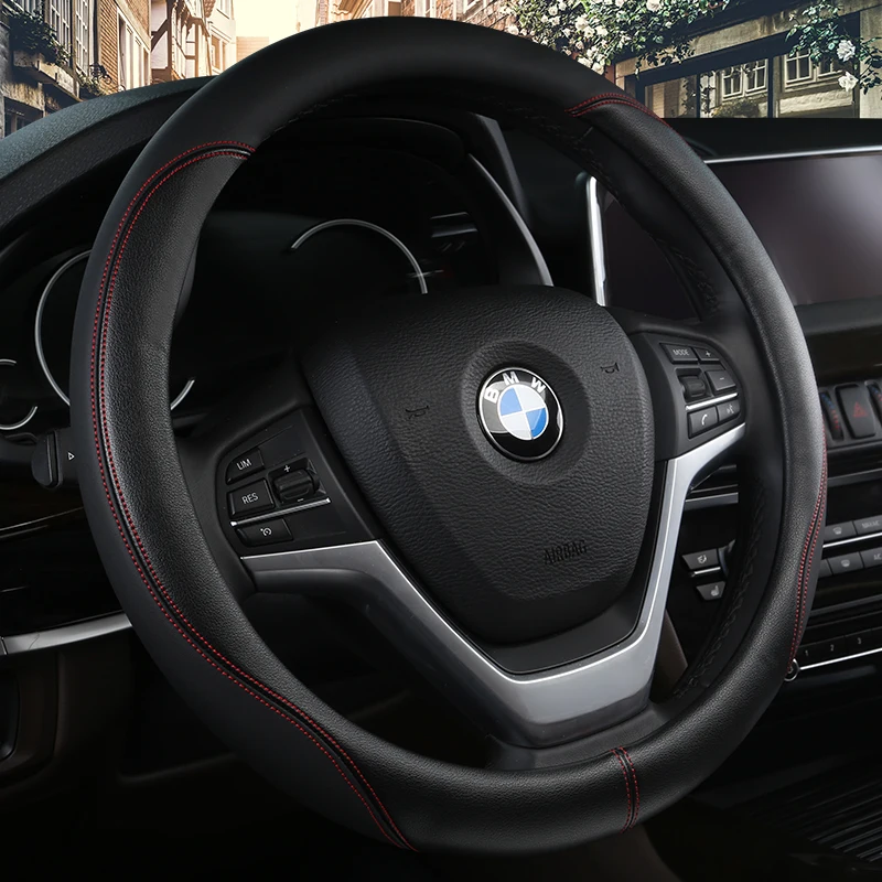 

KKYSYELVA Leather Car Steering Wheel Cover 38CM Car-styling Sport Auto Steering-Wheels Anti-Slip Interior Accessories