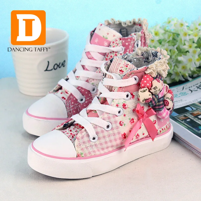 Canvas Pink Flowers Girls Shoes 2016 Spring Brand Girls Sneakers Bowtie School Shoes For Children Rubber Flat High Girl Footwear