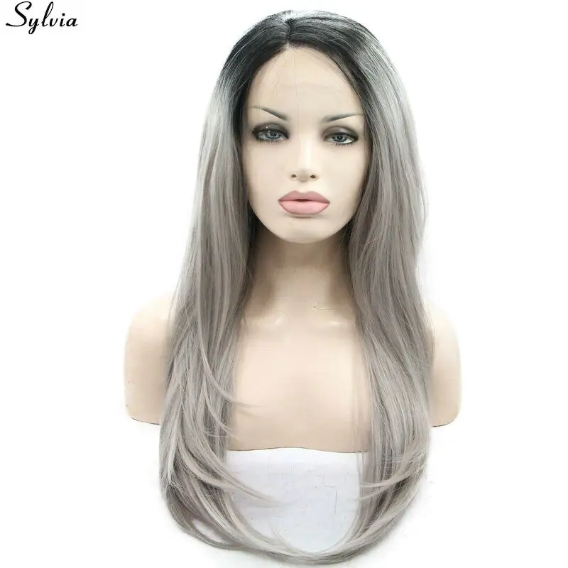 Sylvia черный серый два тона Ombre прямой парик синтетические Синтетические волосы на кружеве парики термостойкие волокна волос для Для женщин