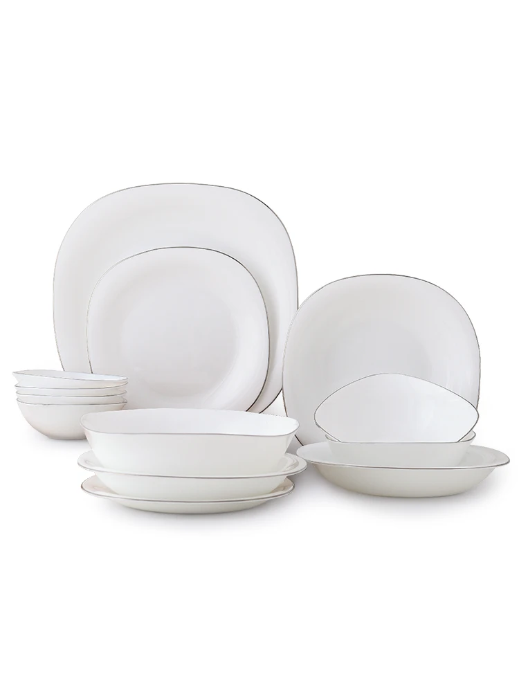 

Golden Edge Square White Opal Glass Porcelain Deep Plates Dishes Tableware Steak Salad Bowl Breakfast Dish Plate
