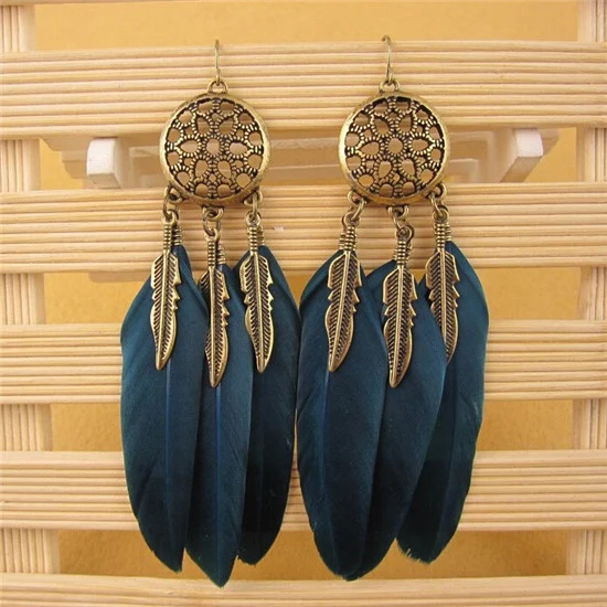 

SHUANGR Dream Catcher Hollow out Vintage Leaf Feather Dangle Earrings For Women Bohemia Style Earring Lady's Ethnic Jewelry