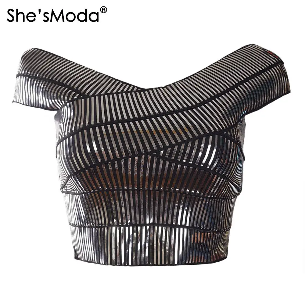 

She'sModa Mirro Bandage Slash Neck Slim Women's Spandex Cropped Tops Vest Tank Bachelorette Plus Size
