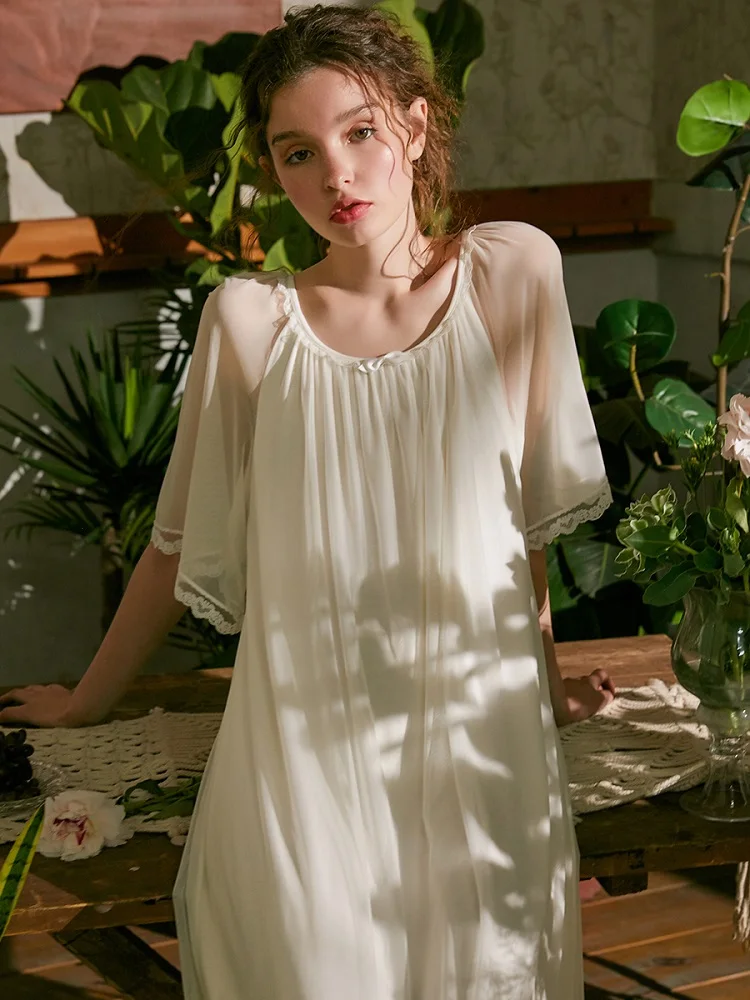 

Summer White Modal Gauze Women's Vintage Long Nightgowns Short Sleeve Royal Female Princess Loose Sleepwear Plus Size
