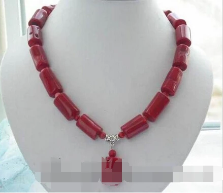 

FREE SHIPPING>>>@@ > N2413 18" naturel red cylinder bead coral necklace pendant