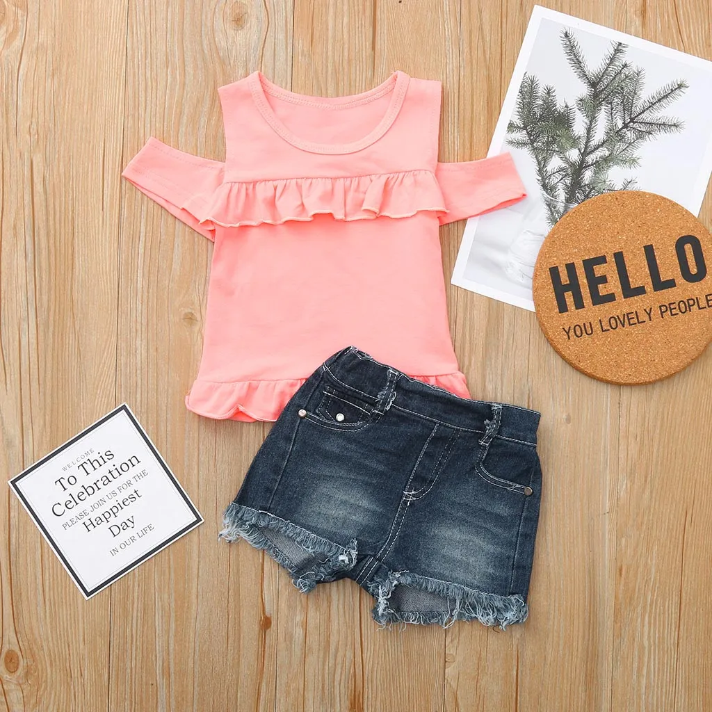  CHAMSGEND Toddler Baby Girl Off Shoulder Ruffle Cotton Blend Solid Tops+Hole Denim Jean Shorts Fash