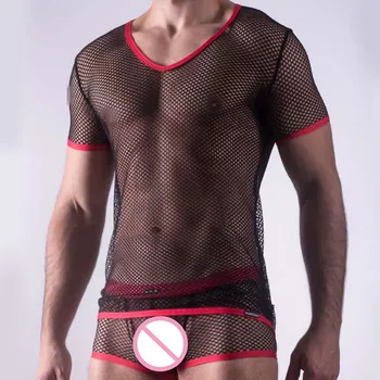 

Fashion Men Sexy T-Shirts and boxers set Big Gauze V neck underskirt and underwear pajamas set homewear A202