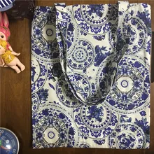 Yile вручную из хлопка и льна Экологичная для шоппинга с ручкой через плечо сумка с принтом сине-белые круглой формы в форме цветка 17594