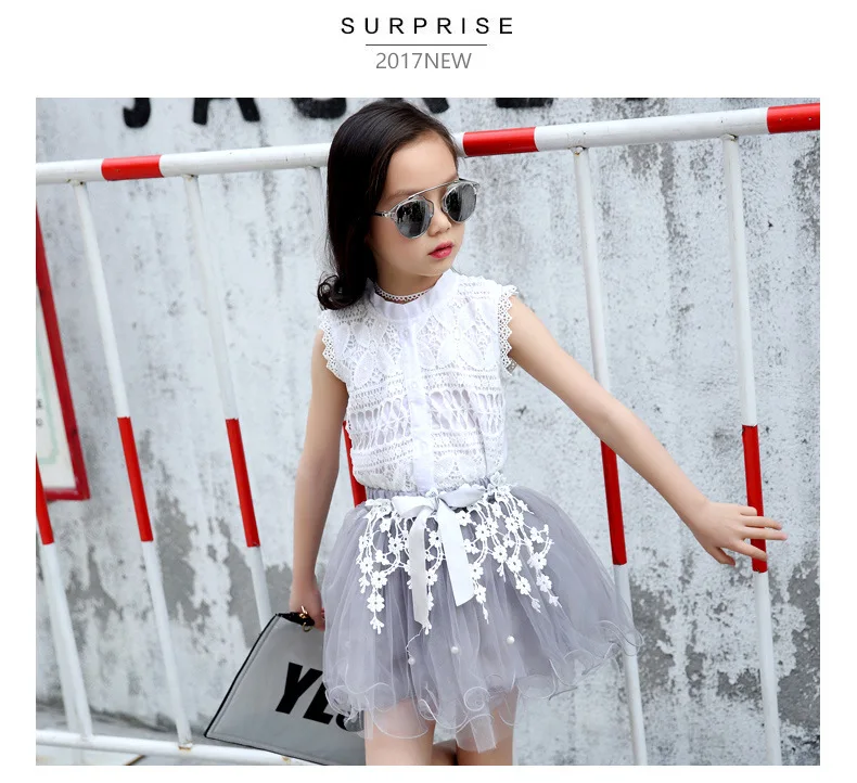 Summer Children Clothing Set For Teen Girls Clothes Outfits 2019 Fashion Lace Tops Flower Tule Skirt 2Pcs Comfortable Kids Suit (5)