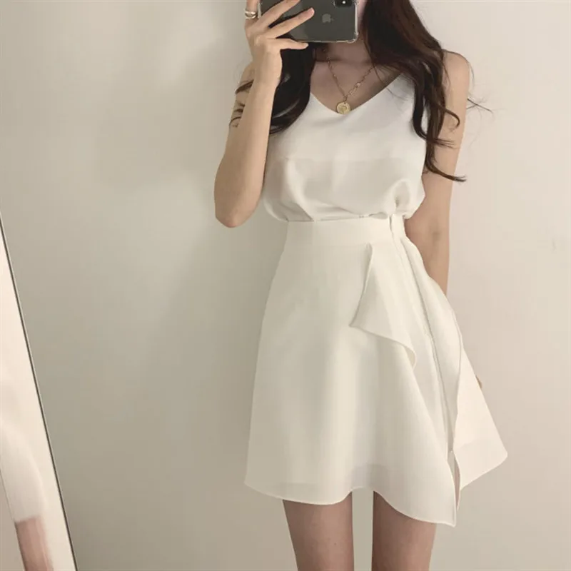 

Women Two Piece Skirt Outfits Summer Sexy V-neck Spaghetti Strap Blouses and High Waist Mini Skirt Casual 2 Piece Sets Casual