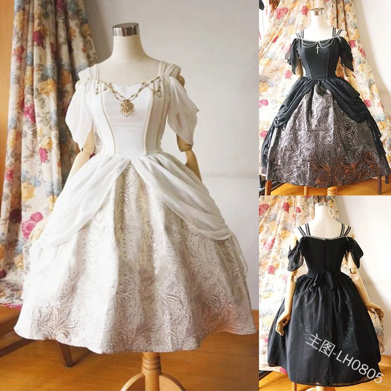 

Summer NEW Women Slim Dress Vintage Gothic Style Girl Lolita Cosplay Costume Classic Palace Princess Dresses Print Flower Gown