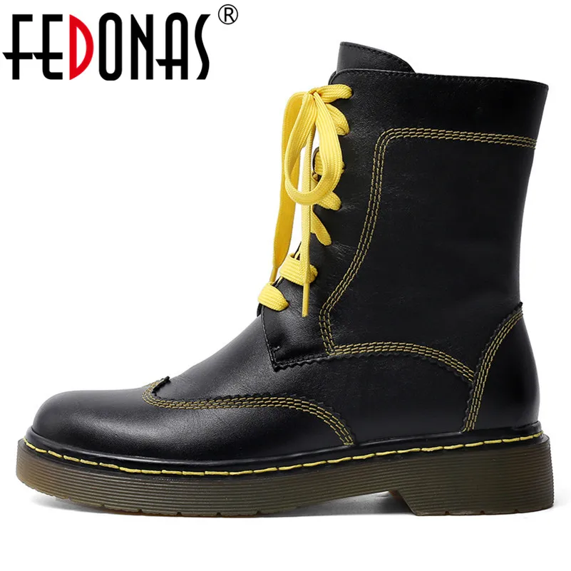 

FEDONAS Classic Round Toe Square Heels Women Mid-calf Boots Lace Up Basic Boots 2019 Genuine Leather Party Office Shoes Woman