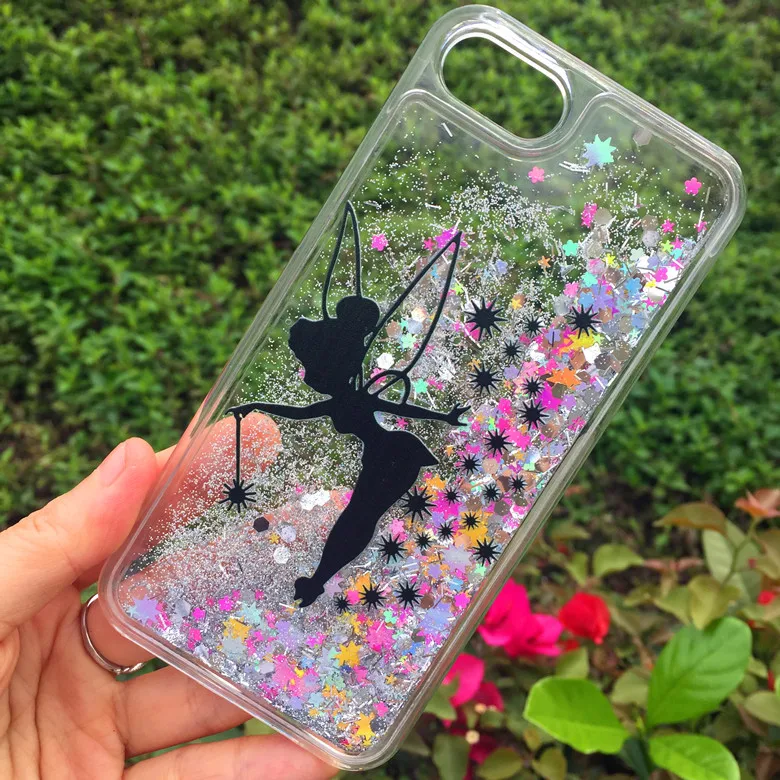 

Rainbow Glitters Fairy Tinkerbell Quicksand Flowing Back Clear Half Cover Case For iPhone8 6/6s 7plus 5S/SE Shell Protection