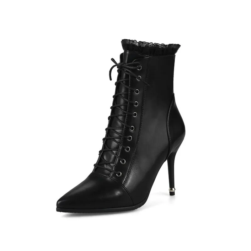 Женские ботинки г. Пикантная модная Осенняя обувь на очень высоком каблуке, на шнуровке, до середины икры, с острым носком, на молнии белый, черный цвет, большие размеры 34-46