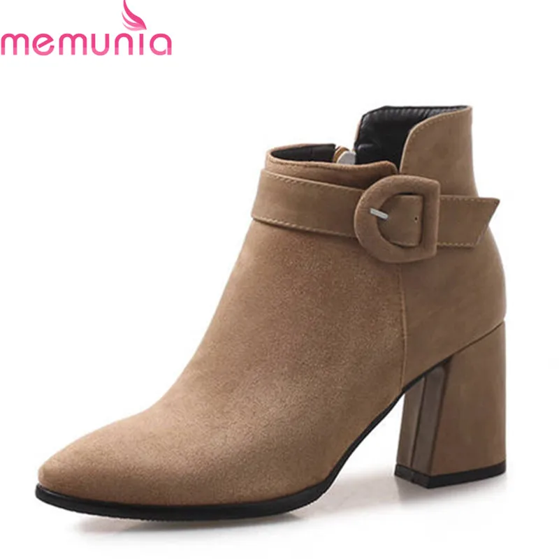 

MEMUNIA 2018 new arrival flock +pu pointed toe autumn winter boots simple zipper with buckle ankle boots women high heels shoes