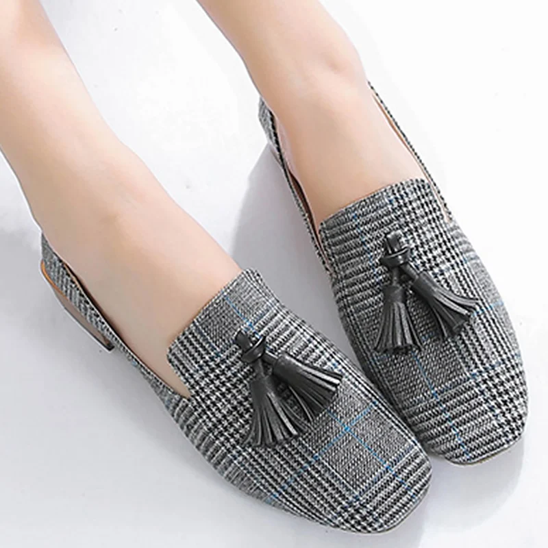 

Plaid Fashion Flats shoes women Square Toe Fringes Casual loafers for girls Large size 4-10.5 Comfortable Flat shoes