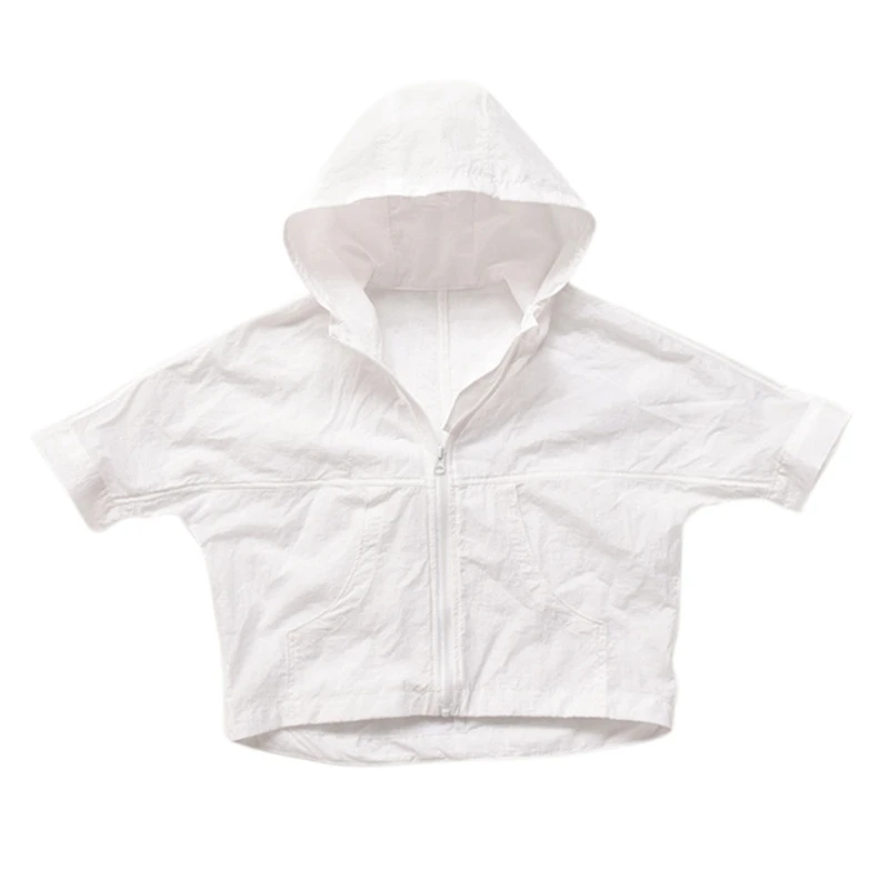 Summer Sun Protection Clothing Fashion Leather Windbreaker Hooded Jacket Children Sun Protection Coat - Color: White