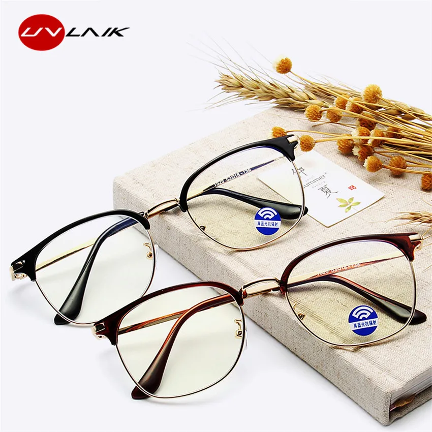 

UVLAIK Anti-blue Light Glasses Frame Men Women Semi-metal Flat Mirror Eyeglasses Frames Black Transparent Eyewear