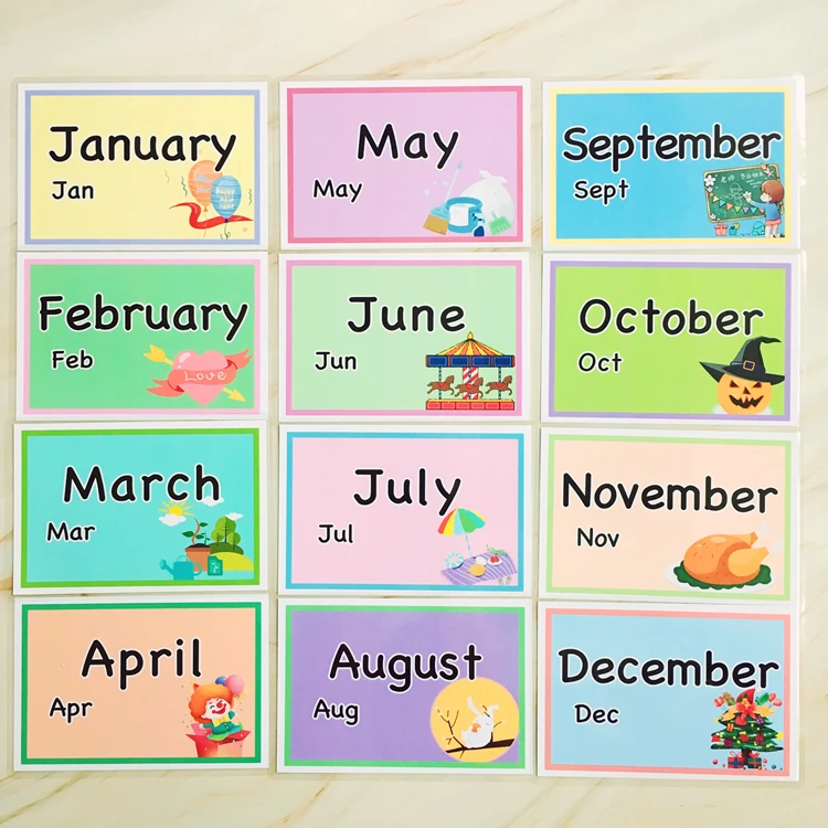 12Pcs Monate Kinder Montessori Englisch Sprache Worte Tasche Flash