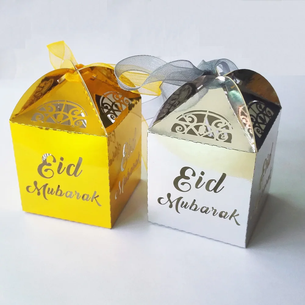 50pcs /Lot Gold Silver Happy Eid Mubarak Paper Gift Box