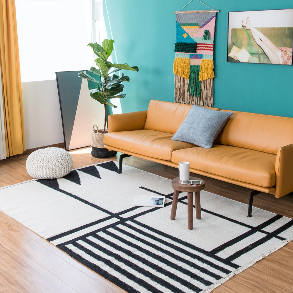 Шерсть ковер килим геометрический Богемия индийский плед черный белый полосатый современный дизайн в скандинавском стиле