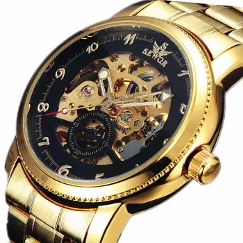 

SEWOR Luxury Automatic Mechanical Watch Men Gold Skeleton Dial Deco Sub-Dial Full Steel Band Clock Male Gift Wristwatches