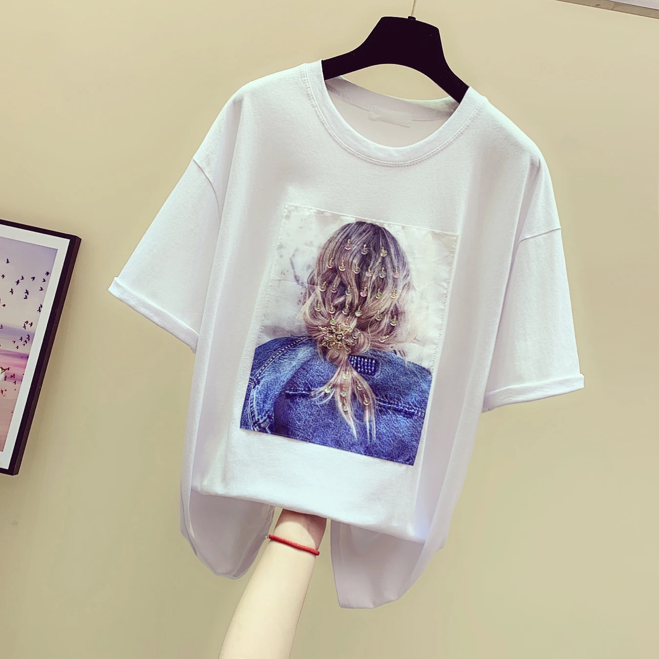 

Spring Summer T Shirt Female 2019 New Korean Pearl Statue Printed T-shirt Women Round Neck Short Sleeve Shirt Loose Simple Tee