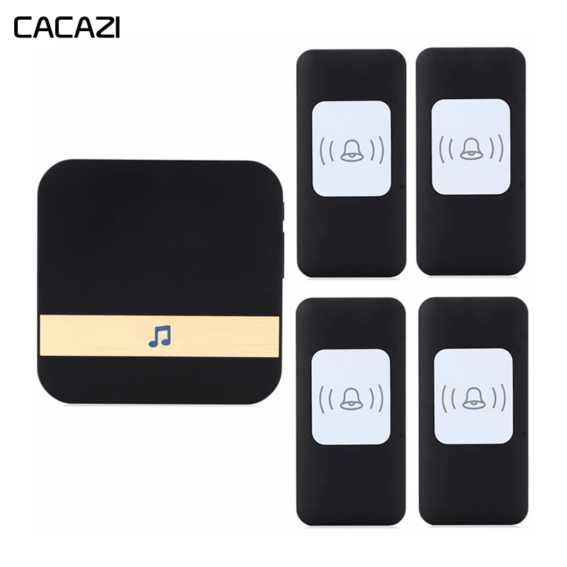 

CACAZI Waterproof Wireless Doorbell 4 Battery Button 1 Receiver Smart Home cordless door bell US EU UK Plug 52 chime 300M Remote