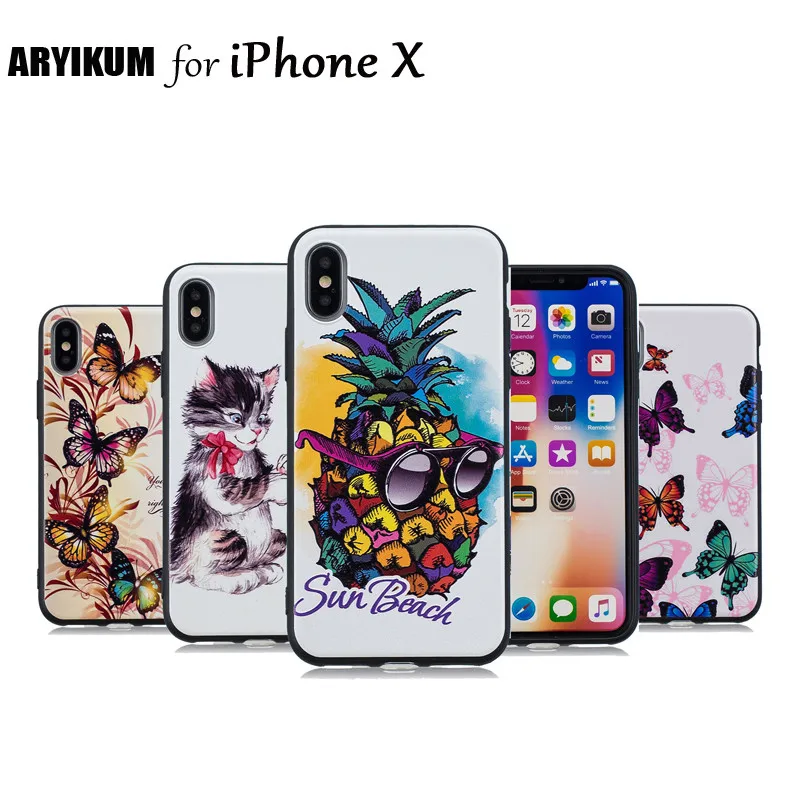 Для IPhone X 10 Чехол i Phone Apple Shell силиконовый 3D рельефный мультяшный Кот Бабочка