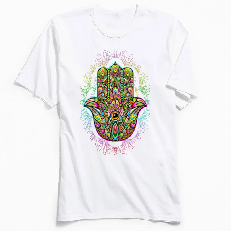 Hamsa Hand Amulet Psychedelic T Shirt for Male Classic Summer/Autumn Tees Short Sleeve Wholesale Tee-Shirt Crew Neck 100% Cotton Hamsa Hand Amulet Psychedelic white