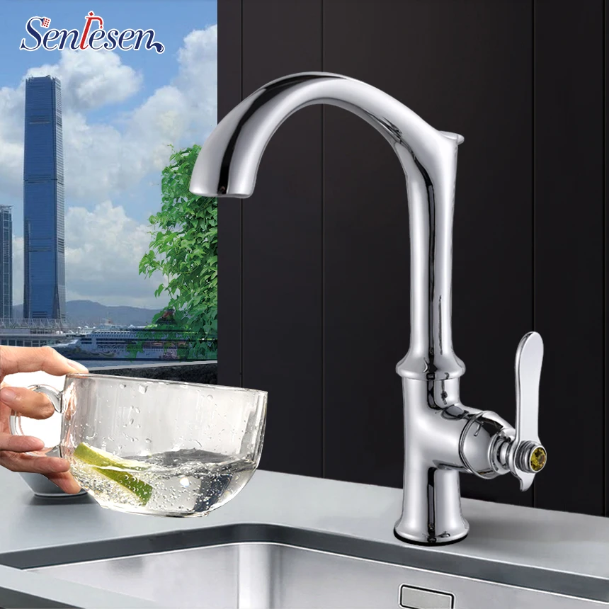 

Chrome Kitchen Faucet W/ Jade Single Handle 360 Rotation Hot Cold Water Mixer Tap Single Spout Deck Mount Sink Faucets