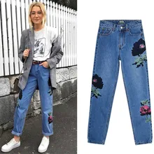 Весенние Новые 3D стерео вышитые цветы на джинсах Женские джинсовые штаны с высокой талией свободные прямые потертые винтажные джинсовые штаны